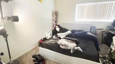 cutie teen femboy cums with anal plug vibrator on her bed :3 - 9 image