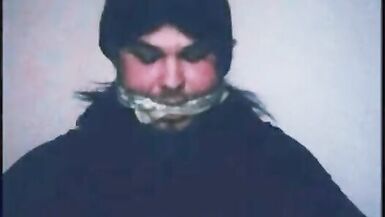 Self tightly gagged and pantyhose hooded - 3 image