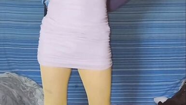 Teasing and posing in my gorgeous purple dress purple G-string and yellow stockings before riding my dildos - 4 image