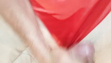 Sissy Leatransteen Masturbating and Cum in a Red Satin Body - 14 image