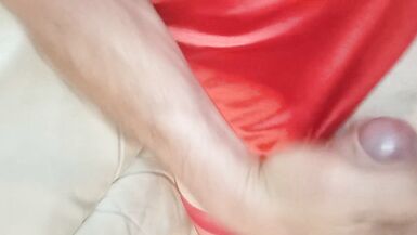 Sissy Leatransteen Masturbating and Cum in a Red Satin Body - 15 image