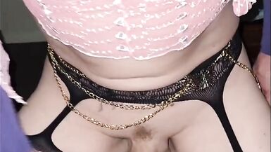 Sitting on my chair in my pink top stockings and butterfly chain with my vibrating cock ring squirting cum - 10 image