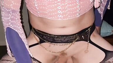 Sitting on my chair in my pink top stockings and butterfly chain with my vibrating cock ring squirting cum - 3 image