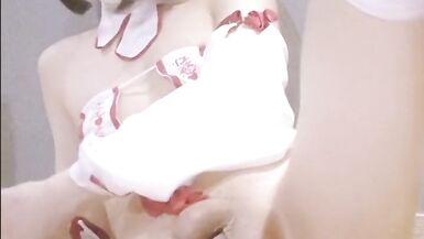 Asian femboy playing with black dildo - 2 image