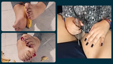 Smashing a banana with my feet and ejaculating watching porn - 1 image