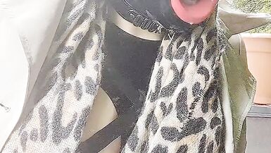 Alison outside in tight black rubber - 3 image