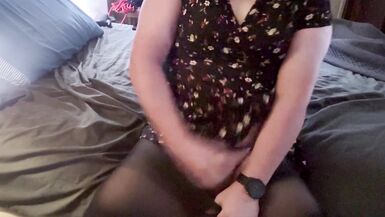 Trans Girl in a Short Dress and Pantyhose Masturbating - 14 image