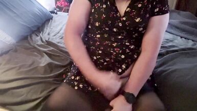 Trans Girl in a Short Dress and Pantyhose Masturbating - 15 image