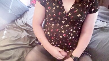 Trans Girl in a Short Dress and Pantyhose Masturbating - 3 image