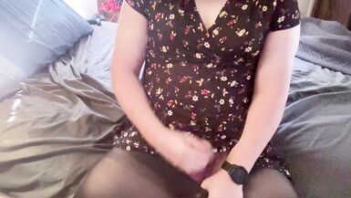 Trans Girl in a Short Dress and Pantyhose Masturbating - 4 image