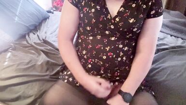 Trans Girl in a Short Dress and Pantyhose Masturbating - 5 image