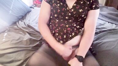 Trans Girl in a Short Dress and Pantyhose Masturbating - 6 image