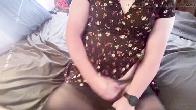 Trans Girl in a Short Dress and Pantyhose Masturbating - 8 image