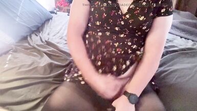 Trans Girl in a Short Dress and Pantyhose Masturbating - 9 image