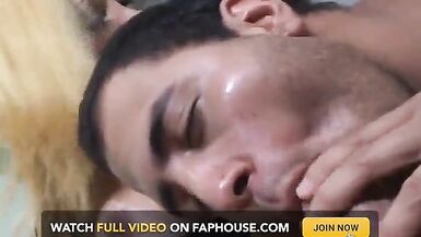 Busty Shemale and a Tattooed Guy Blow Their Big Dicks on the Bed - 9 image