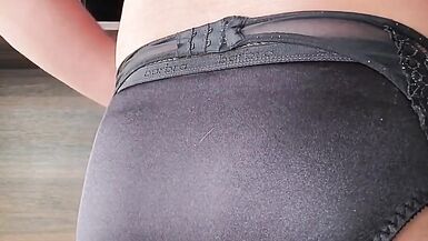 Modeling and Cuming in Black Satin Briefs - 5 image