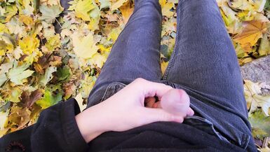 cumming outside in the fall leaves - 4 image