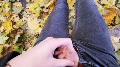 cumming outside in the fall leaves - 5 image
