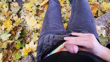 cumming outside in the fall leaves - 7 image