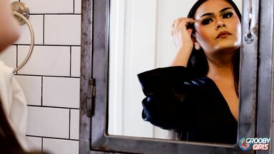 GROOBYGIRLS - Brunette Tgirl masturbates with sexy lingerie - 2 image