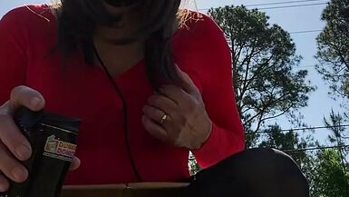 Outside in pantyhose leotard miniskirt neighborhood walk. - 1 image