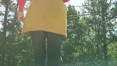 Outside in pantyhose leotard miniskirt neighborhood walk. - 2 image