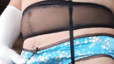 Blue Satin Sissy Panties and Black Stockings - 1 image