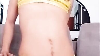 Big ass femboy tranny in swimsuit masturbates her small cock, which swells and cums very aroused - 6 image