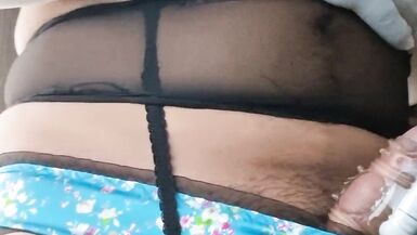 Handsfree Cum in Blue Satin Sissy Panties - 10 image