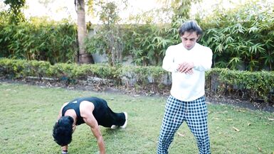 Seeing the girl doing yoga in the garden, the boys seduced her and fucked her we - 1 image