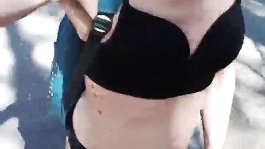 Lady in lingerie walks in the morning in a public park, masturbates and cumshoots. - 10 image