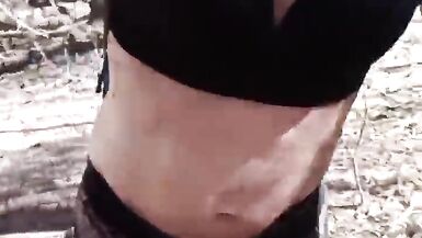 Lady in lingerie walks in the morning in a public park, masturbates and cumshoots. - 5 image