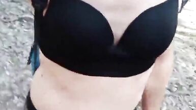 Lady in lingerie walks in the morning in a public park, masturbates and cumshoots. - 7 image