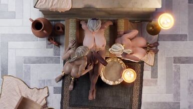 Watch two slaves take turns licking a massive MILF's big dick in a hot 3some futa porno