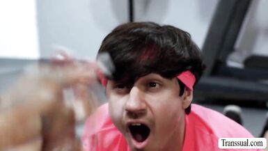 Hot gym threesome with big-titted shemales getting their butts drilled - 3 image