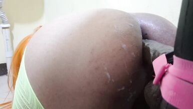 Hot young Latina Shemale gets her big ass drilled and creampied by BBC dildo