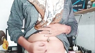 Watch Ladyboy Cums while Masturbating in Hijab with her Big Tits and Tits Squirting