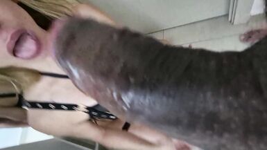 Eva Erfolg, the horny brunette, goes down on a huge black cock like a pro