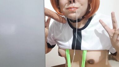 Debutante with big tits Ben gulps down cum after deepthroating a massive dildo and giving a sloppy BJ to sexy Debutante with
