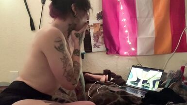 Cute Transgirl Watches Porn and Explodes all over herself - 1 image