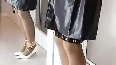 Red Blouse Afro Leather Petticoat White Pumps Chain Tied Crossdresser Machine Masterbation