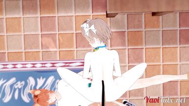 Yaoi CG - Three-Some, 2 Nekoboys Masturbate a Foxboy with their Booty and that guy Cums on their Buttock - 14 image