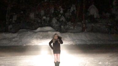 Real Non-Professional Female Masker Wearing Boots, Taut Darksome Suit in various Locations in Winter - 5 image