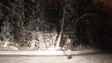 Real Non-Professional Female Masker Wearing Boots, Taut Darksome Suit in various Locations in Winter - 7 image