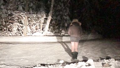 Real Non-Professional Female Masker Wearing Boots, Taut Darksome Suit in various Locations in Winter - 8 image