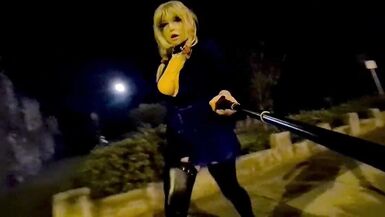 Bimbo sissy floozy flashing by busy road (receives seen) - 1 image