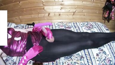 Slim Sissy CD Enjoys Anal Vibrator and Masturbates in Hose and Pink Suit until Cum - 2 image
