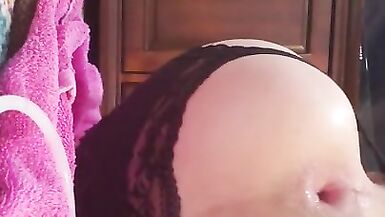 Cute Slender Transgender Stretches and Shows Gap up Close for Dad