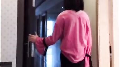 Oriental Tranny masturbating her schlong flashing it to a woman - 1 image