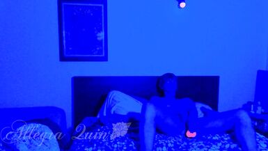 Trans Beauty Riding Neon Sex Tool beneath Ebony Light - 15 image